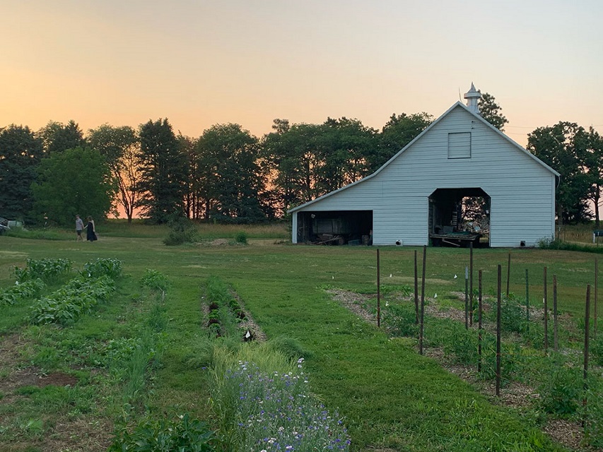 Couple walking at sunset with barn in background and garden in foreground