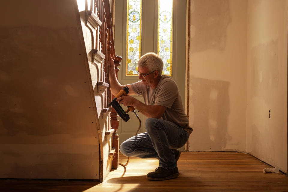 Repairs being made to historic staircase in 1880's farmhouse