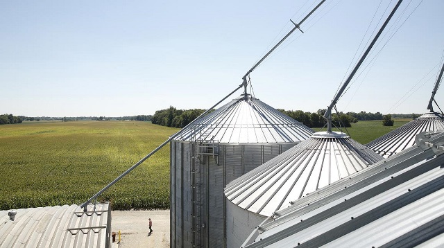 Aerial view of grain bins.